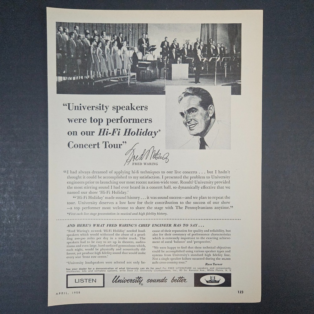 1958 University Speakers Hi-Fi Holiday Vintage Print Ad Fred Waring White Plains